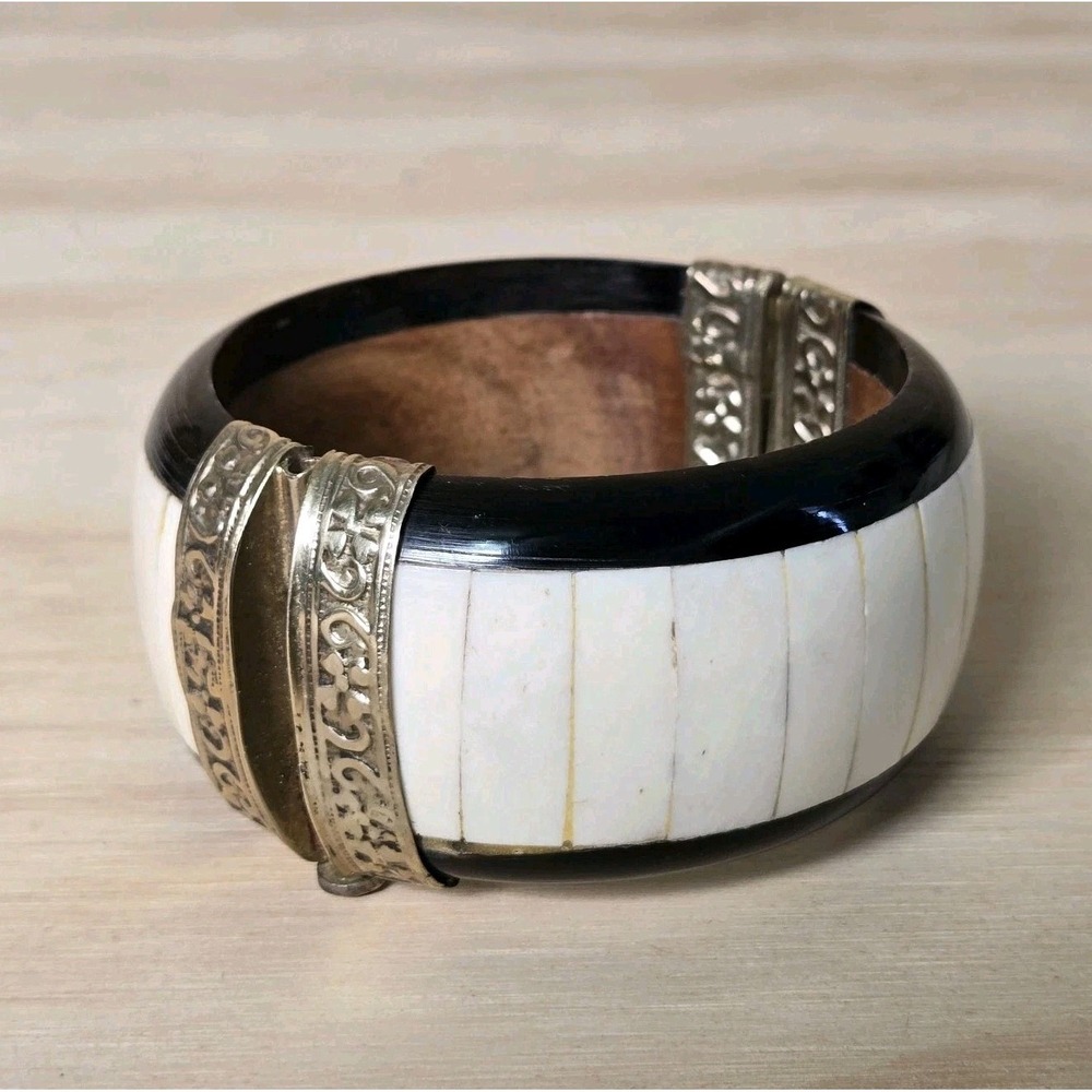Vintage Inlaid Bone & Ornate Brass Wood Inside Wide Bracelet Hinged Pin Closure
